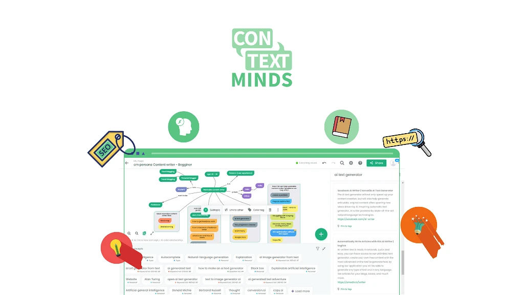 Graphic of a computer screen displaying a mind map, surrounded by floating icons representing technology and communication, such as speech bubbles and a magnifying glass.