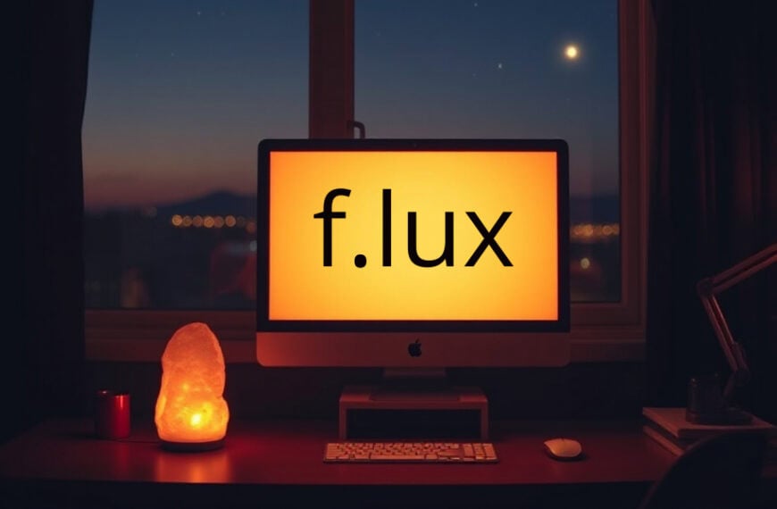 A computer screen displays the f.lux logo, with a warm orange light. A lamp and a salt lamp sit on a desk in a dimly lit room.
