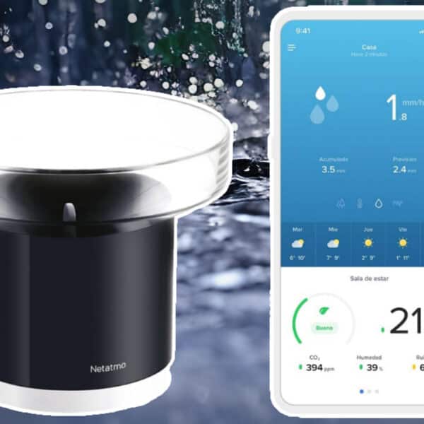 A smart weather sensor and a smartphone displaying a weather app interface with data readings.