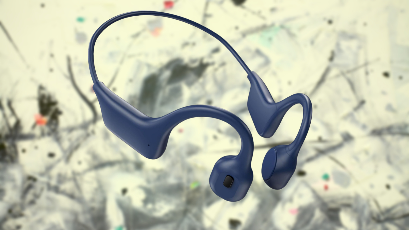 A blue earphone with a splatter of paint on it.