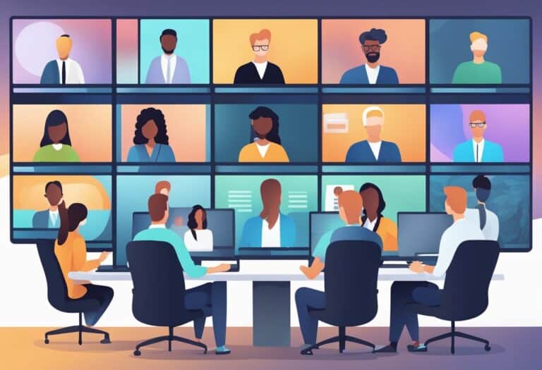A digital illustration of a virtual meeting with multiple participants on-screen and a group of individuals seated at a conference table engaging with the call.