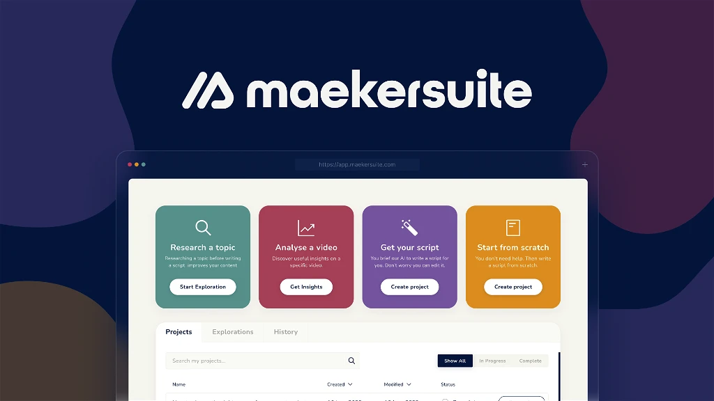 Screenshot of the Maekersuite homepage with options for Research a topic, Analyse a video, Get your script, and Start from scratch, alongside buttons for starting each task.