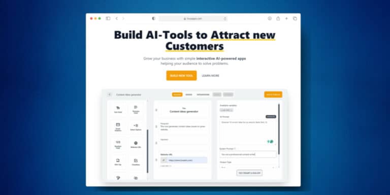 Screenshot of a webpage with the headline "Build AI Tools to Attract new Customers." It shows an interface for creating AI powered apps with sections for tool selection, content generation, and a build button.