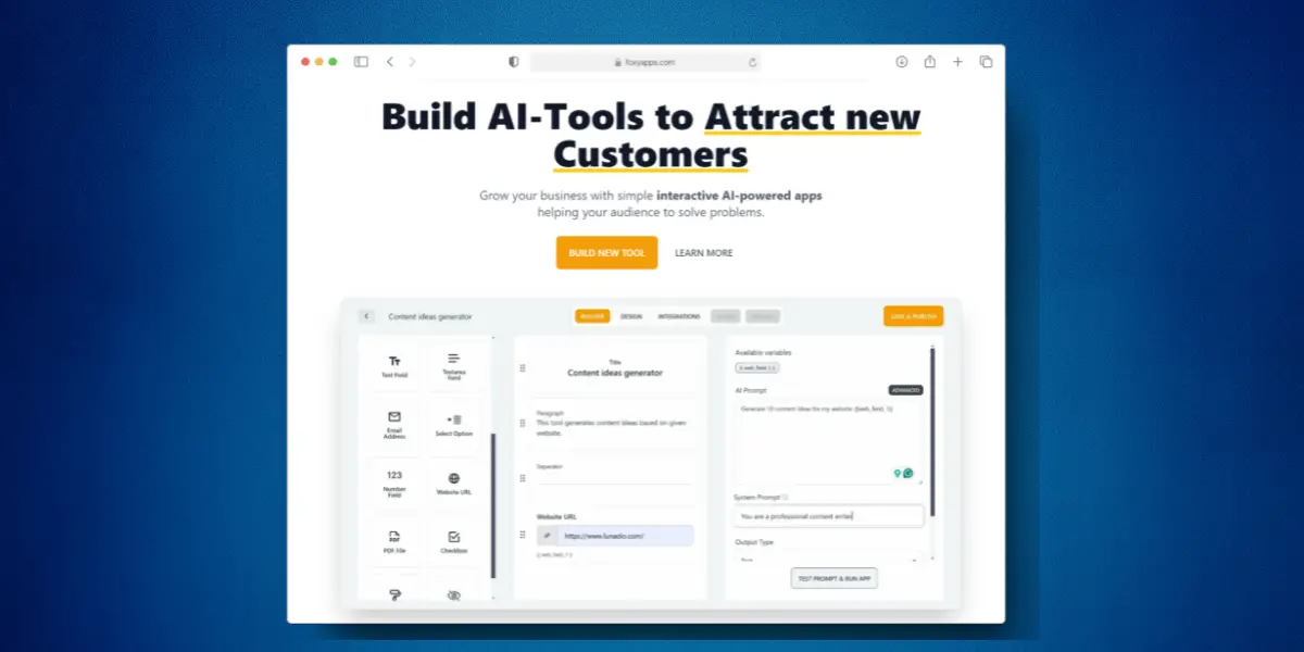 Screenshot of a webpage with the headline "Build AI Tools to Attract new Customers." It shows an interface for creating AI powered apps with sections for tool selection, content generation, and a build button.