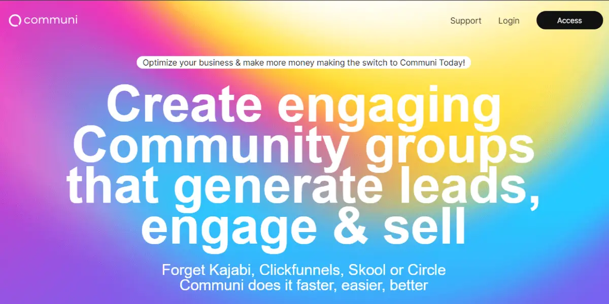 Banner with colorful gradient background promoting Communi, a platform for creating community groups. Text emphasizes generating leads, engaging, and selling, suggesting it's better than Kajabi, Clickfunnels, Skool, or Circle.