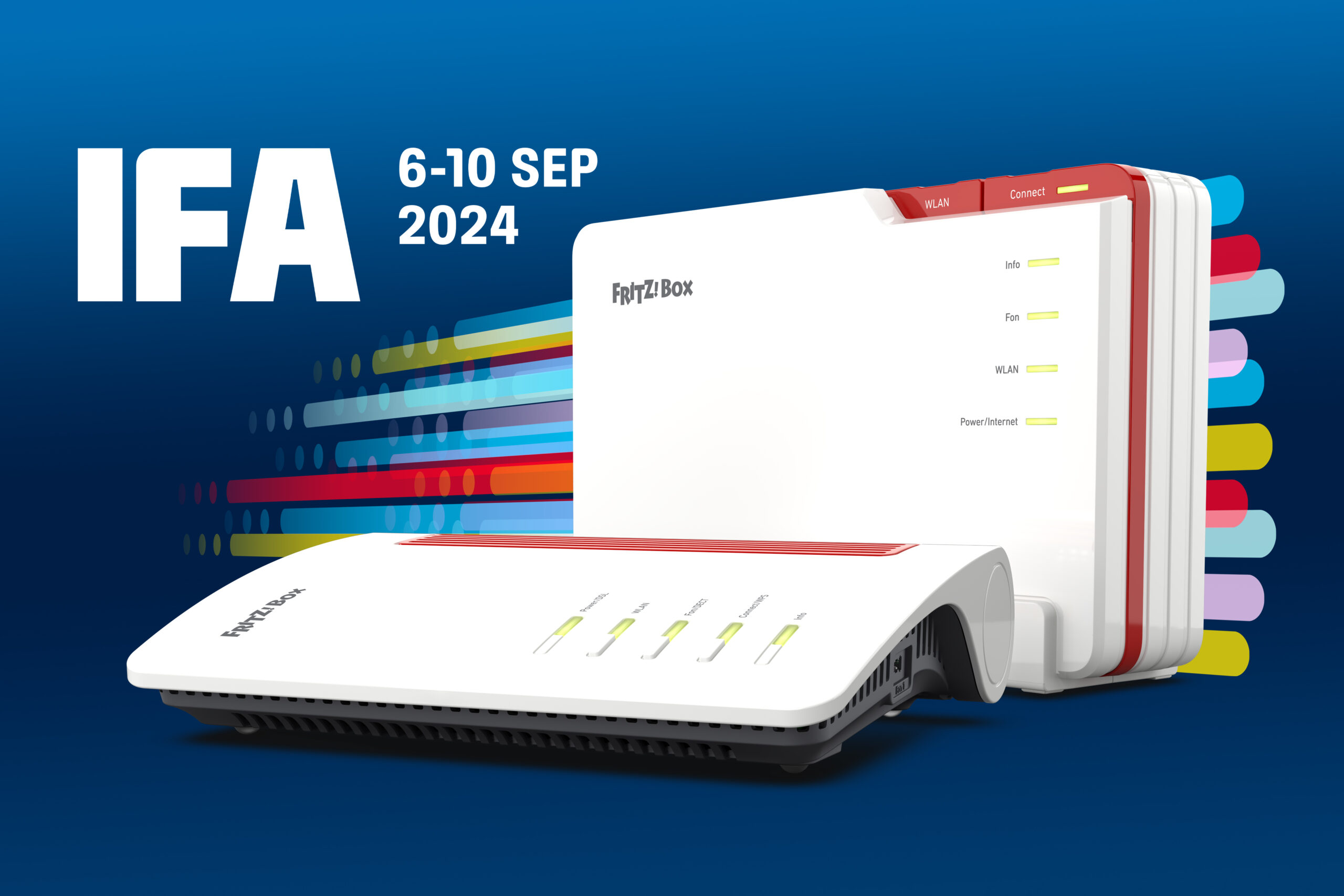 Promotional image for an event titled "IFA" occurring from September 6 10, 2024, featuring two models of Fritz!Box routers against a colorful background.