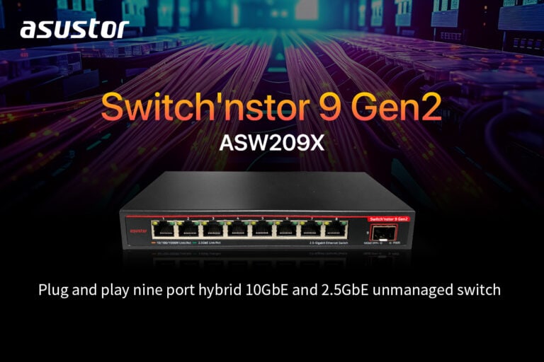 Network switch ASUSTOR Switch'nstor 9 Gen2 ASW209X, offering a nine port hybrid 10GbE and 2.5GbE unmanaged switch, displayed with blurred data center background.
