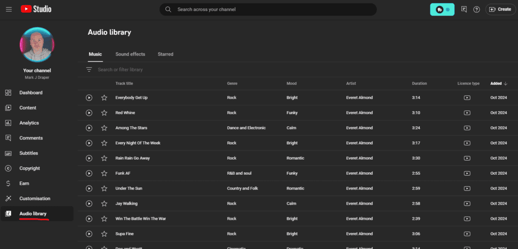 Screenshot of YouTube Studio Audio Library interface displaying a list of music tracks with details like track title, genre, mood, artist, duration, license type, and addition date.