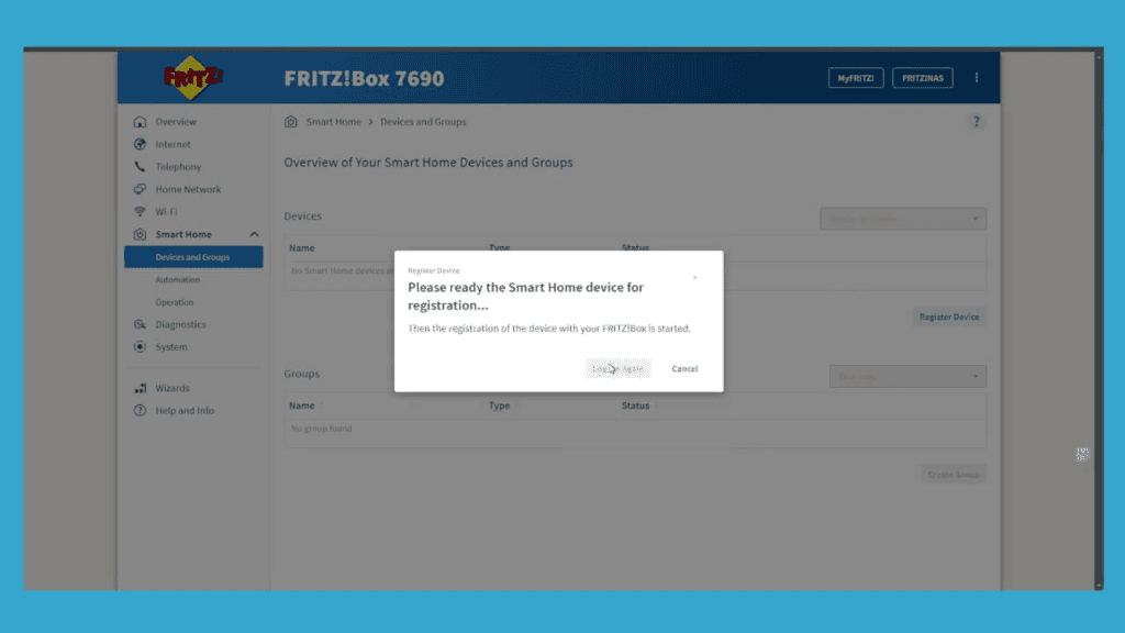 Dashboard screenshot of FRITZ!Box 7690 with a pop up message asking the user to prepare the Smart Home device for registration, offering "Start registration" and "Cancel" options.
