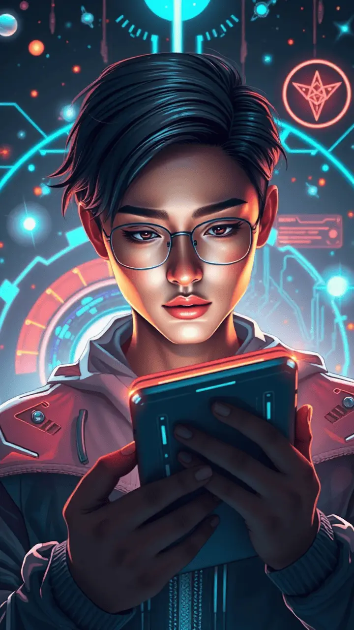 A person with glasses intensely looks at a glowing smartphone surrounded by futuristic digital graphics