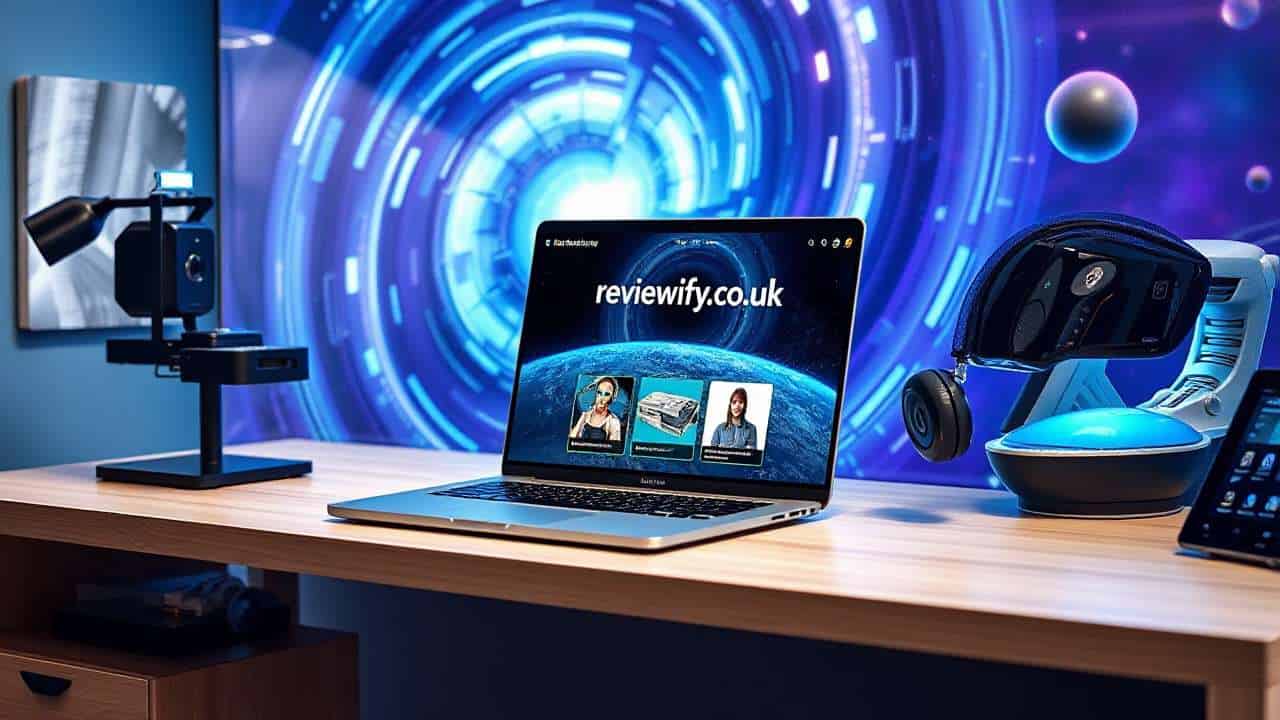 A laptop displaying reviewifycouk on a desk with tech gadgets against a futuristic digital background