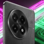 Close-up of a smartphone with a circular quad-camera module, set against a background of pink and green diagonal light streaks.
