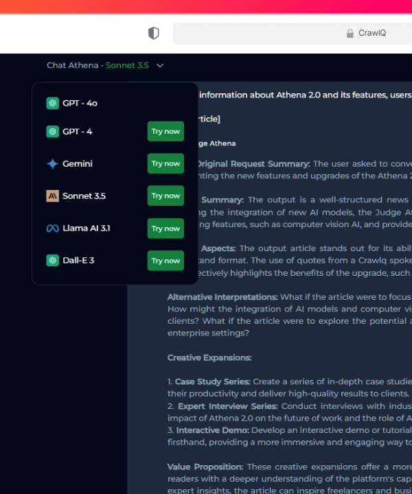 A computer screen displaying a website interface with a sidebar listing options like GPT-4.0 and ChatGPT under "Chat Athene AI" and text content about features and aspects on the right.