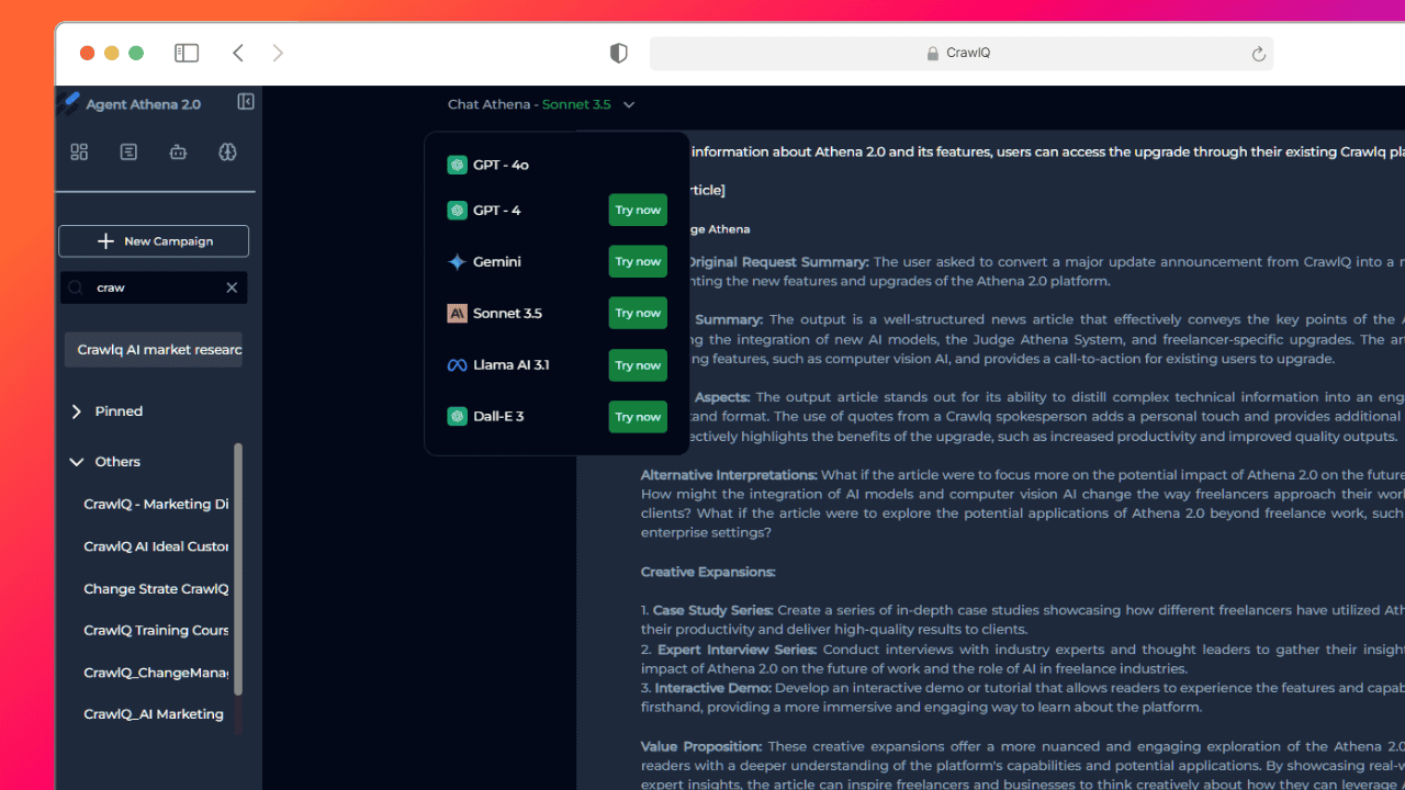 A computer screen displaying a website interface with a sidebar listing options like GPT-4.0 and ChatGPT under "Chat Athene AI" and text content about features and aspects on the right.