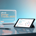 A tablet on a stand displays a website about creating eBooks. A pen lies nearby, with a glowing screen in the background reading "eBook Design Trends 2025.