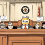 A courtroom scene with a jar labeled "Honey" as the judge. People hold signs saying "Justice for Influencers," "Stop the Deception," and "Honey for Honesty.