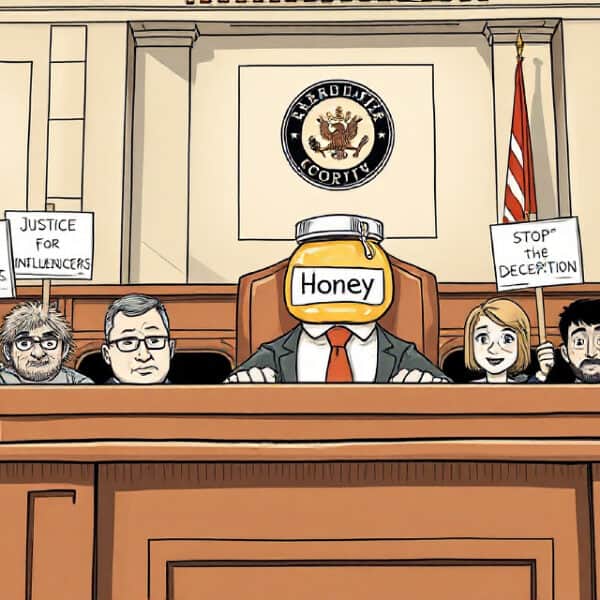 A courtroom scene with a jar labeled "Honey" as the judge. People hold signs saying "Justice for Influencers," "Stop the Deception," and "Honey for Honesty.