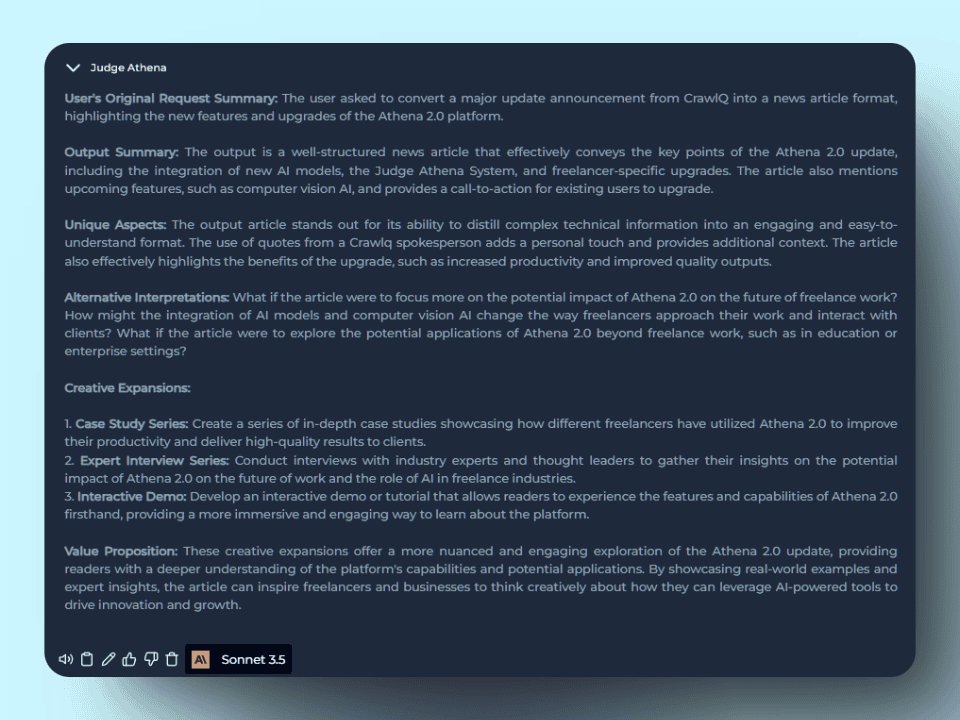A screenshot of a document titled "Judge Athena" containing sections: User's Original Request Summary, Output Summary, Unique Aspects, Alternative Interpretations, Case Study Series, and Value Proposition.