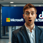 A surprised man in a suit stands in front of a screen displaying Microsoft and TikTok logos.