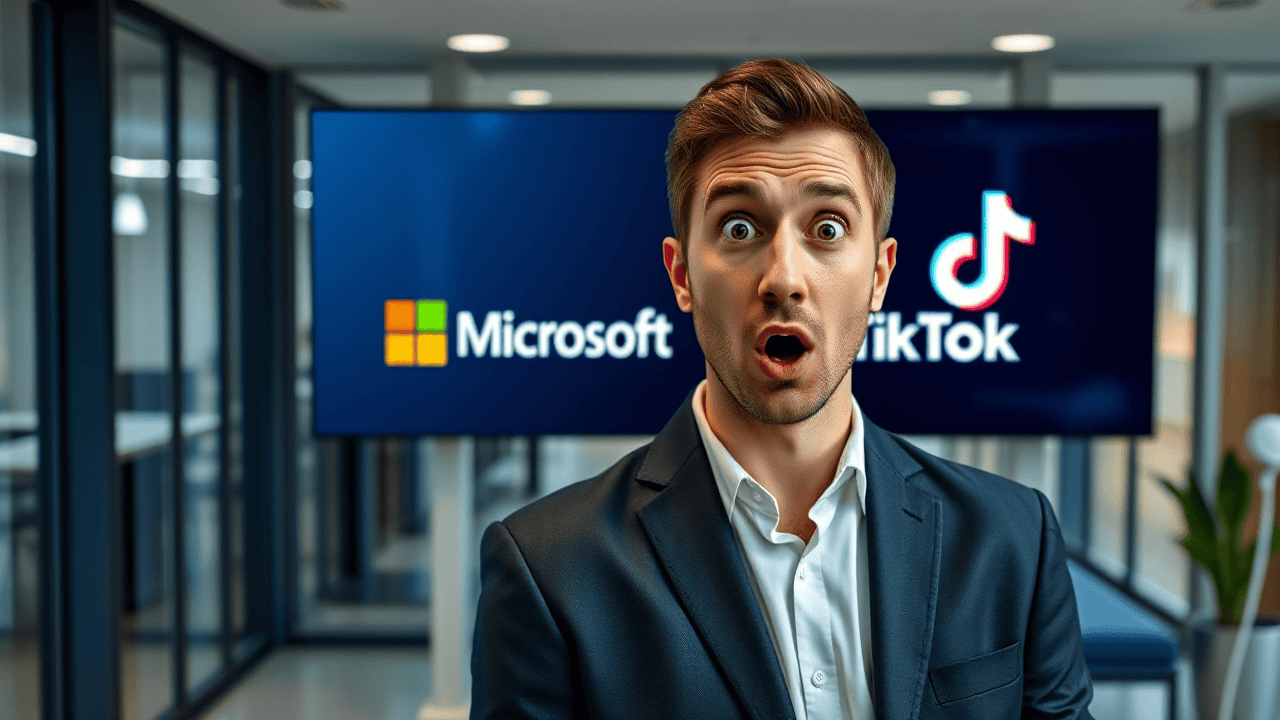 A surprised man in a suit stands in front of a screen displaying Microsoft and TikTok logos.
