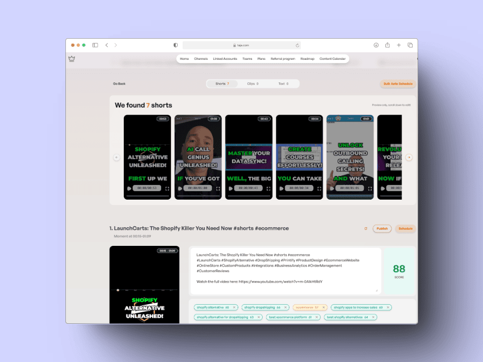 Browser window displaying a webpage with multiple short video thumbnails, each titled with e-commerce related phrases. At the bottom, there is a video titled "Shopify Alternative Unleashed #shorts".