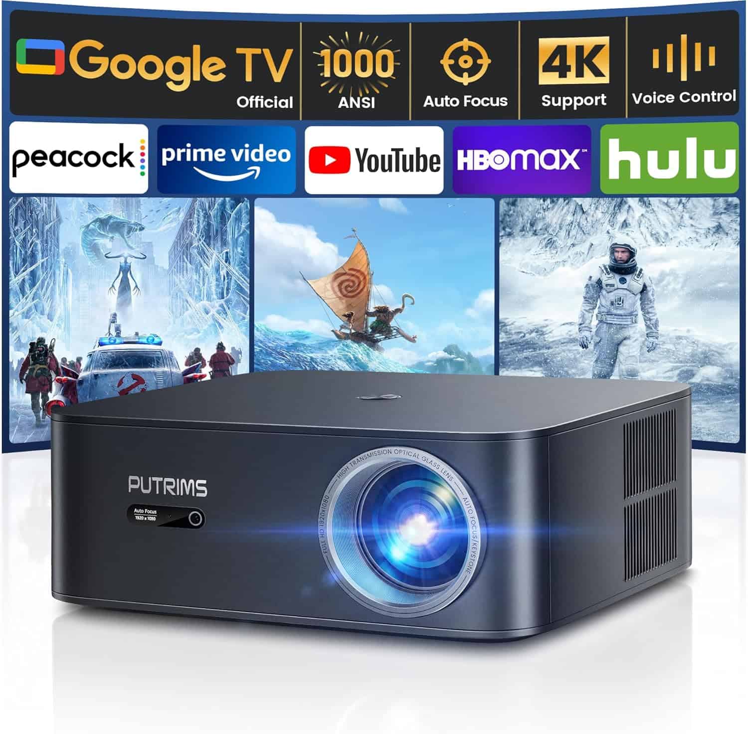 [1000 ANSI/Google TV] Smart Projector with WiFi 6 and Bluetooth