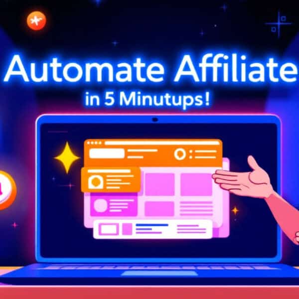 Illustration of a person pointing at a laptop screen with "Automate Affiliate in 5 Minutups!" text. Coins, stars, and icons are around, indicating financial growth and digital marketing.