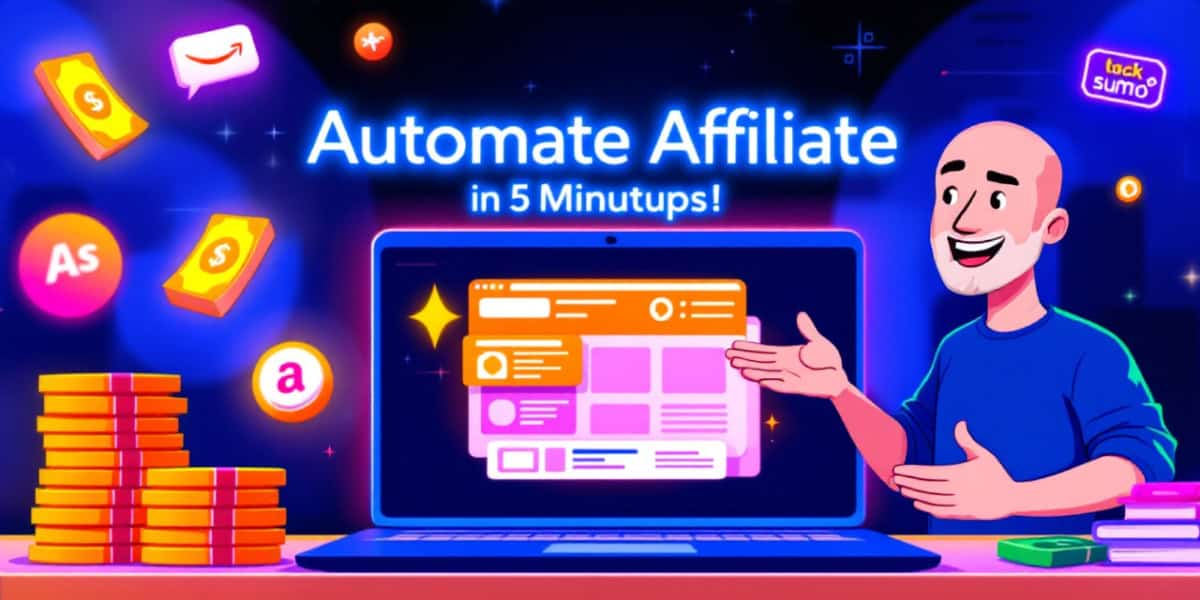 Illustration of a person pointing at a laptop screen with "Automate Affiliate in 5 Minutups!" text. Coins, stars, and icons are around, indicating financial growth and digital marketing.