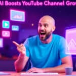 Person in a blue shirt excitedly pointing at floating digital icons and graphs with text "AI Boosts YouTube Channel Growth!" in a neon-lit room.