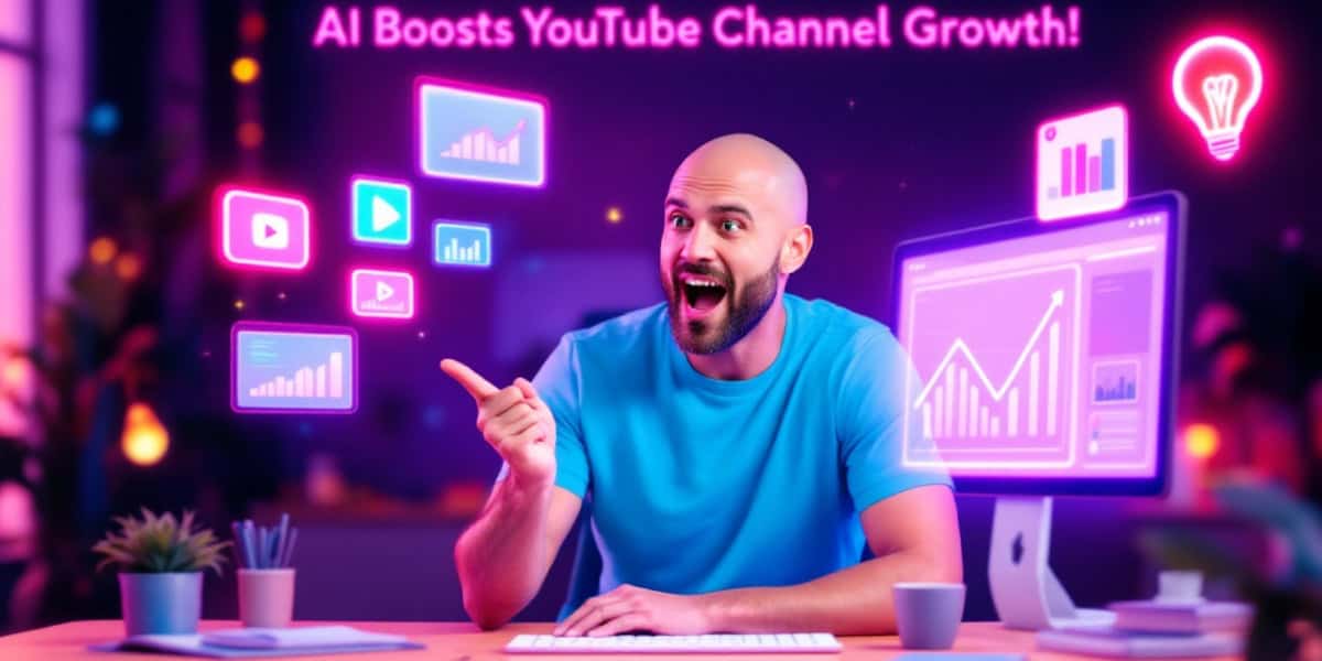 Person in a blue shirt excitedly pointing at floating digital icons and graphs with text "AI Boosts YouTube Channel Growth!" in a neon-lit room.