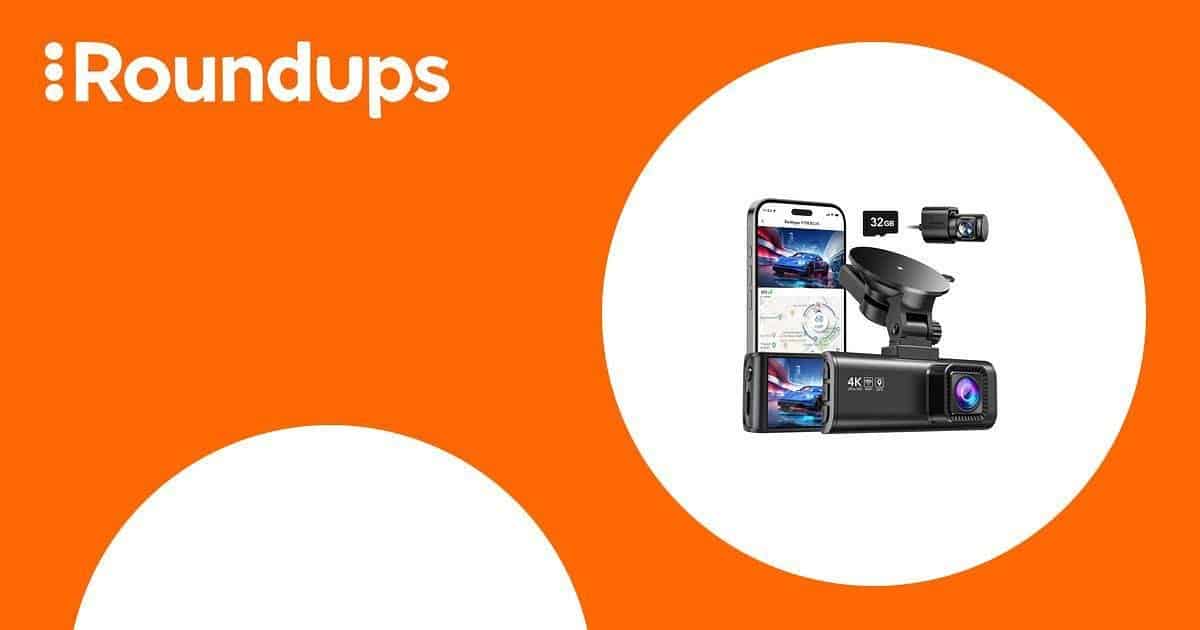 Orange background with "Roundups" in white text. Includes a circle containing a dashcam, smartphone showing GPS, and microSD card, suggesting tech gadgets or accessories.