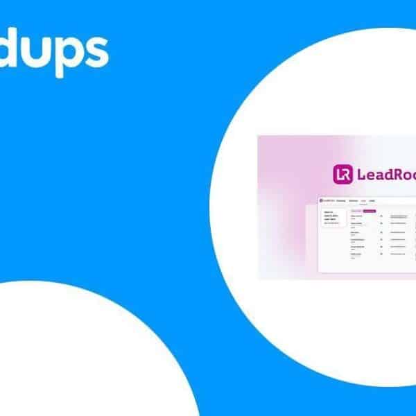 Blue graphic with the word "Roundups" on the left. On the right, there's a small screenshot of the LeadRocks application interface.