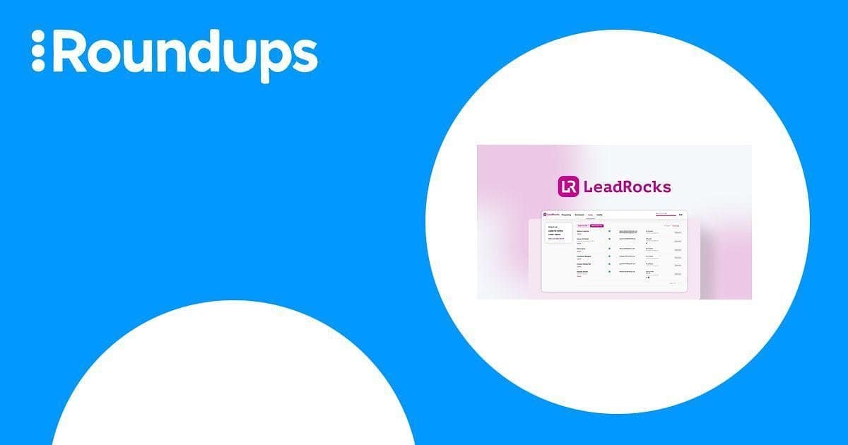 Blue graphic with the word "Roundups" on the left. On the right, there's a small screenshot of the LeadRocks application interface.