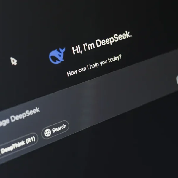 Close-up of a computer screen showing a chatbot interface with text "Hi, I'm DeepSeek. How can I help you today?" and a message input box.