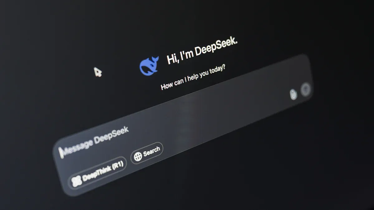 Close-up of a computer screen showing a chatbot interface with text "Hi, I'm DeepSeek. How can I help you today?" and a message input box.