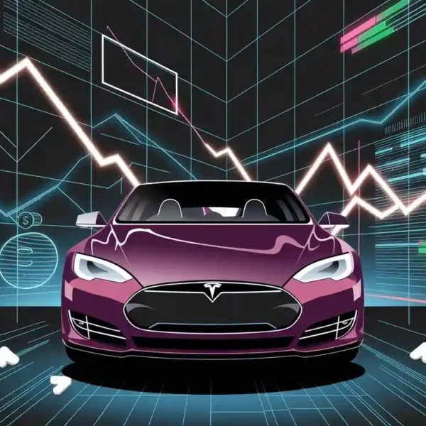 Purple car with a Tesla logo in a digital setting, surrounded by graphs and downward trending lines, symbolizing financial or market analysis.