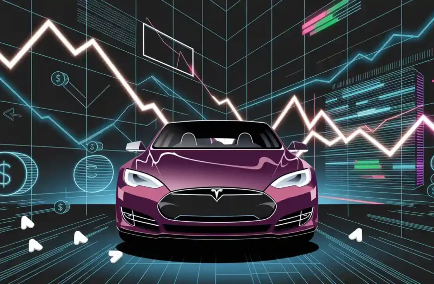 Purple car with a Tesla logo in a digital setting, surrounded by graphs and downward trending lines, symbolizing financial or market analysis.