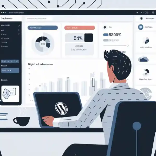 Person at a desk using a computer displaying data analytics dashboard with charts and graphs. Books and potted plants are on the shelves.