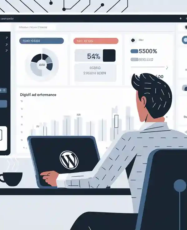 Person at a desk using a computer displaying data analytics dashboard with charts and graphs. Books and potted plants are on the shelves.