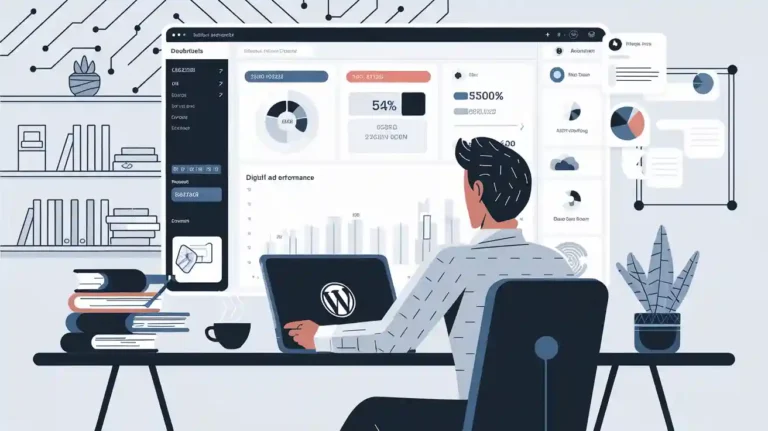 Person at a desk using a computer displaying data analytics dashboard with charts and graphs. Books and potted plants are on the shelves.