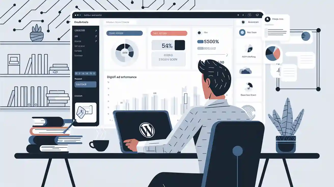 Person at a desk using a computer displaying data analytics dashboard with charts and graphs. Books and potted plants are on the shelves.