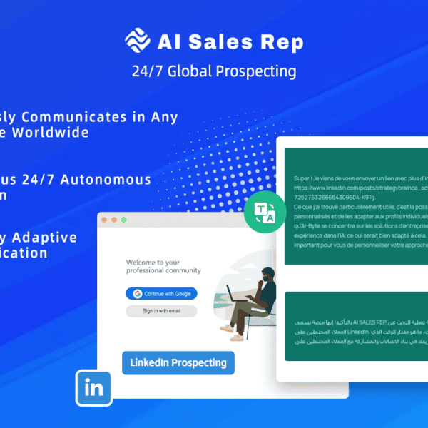 Blue promotional graphic for AI Sales Rep, highlighting features like communication in any language, 24/7 availability, and culturally adaptive communication, with chat and app icons.