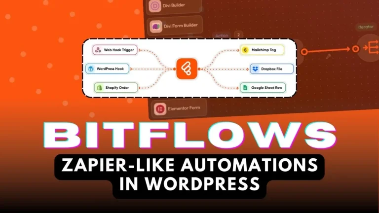 Diagram of Bitflows showing automation connections between WordPress, Shopify, Mailchimp, Dropbox, and Google Sheet integrations. Text reads, "BITFLOWS: Zapier-like automations in WordPress.
