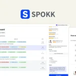 Image of SPOKK software interface showing a dashboard with various customer feedback comments and ratings. A survey card asks, "How was your experience?" with star ratings for review.