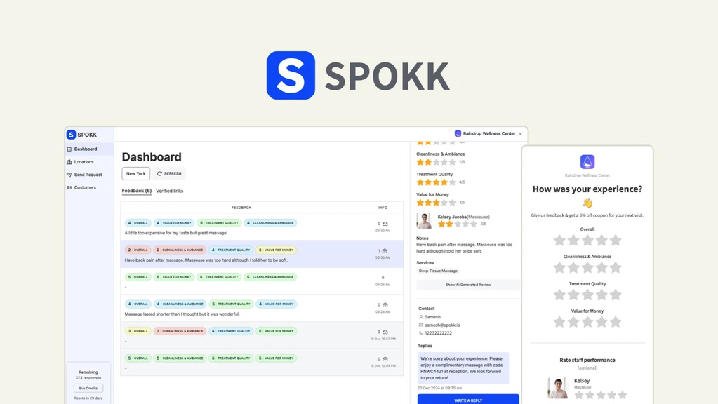 Image of SPOKK software interface showing a dashboard with various customer feedback comments and ratings. A survey card asks, "How was your experience?" with star ratings for review.