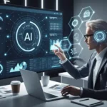 A person in a suit interacts with a futuristic AI interface on a large screen. The desk has a laptop, papers, and a coffee cup. Holographic elements float around the screen.