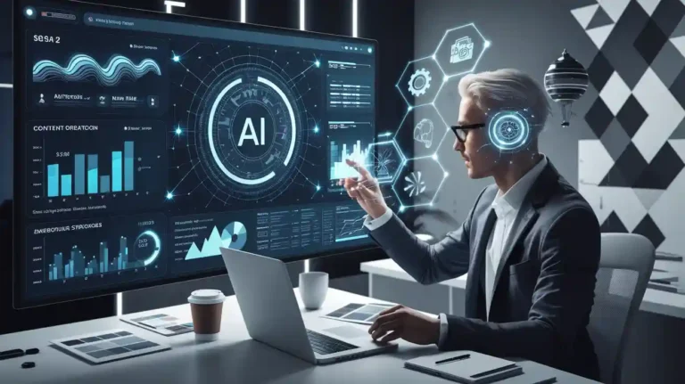 A person in a suit interacts with a futuristic AI interface on a large screen. The desk has a laptop, papers, and a coffee cup. Holographic elements float around the screen.