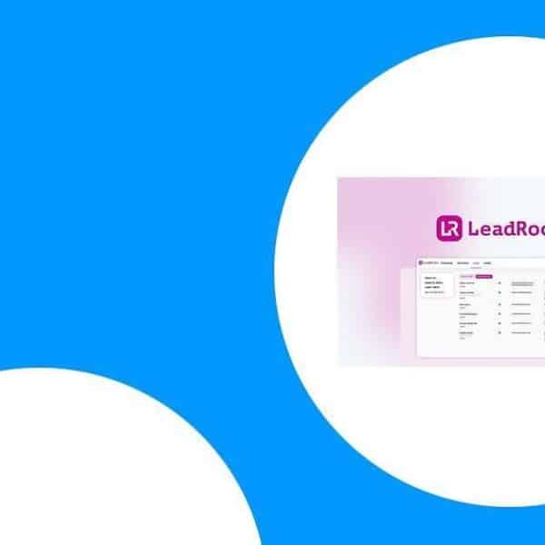 LeadRocks interface with a table is displayed within a white circle on a blue background.