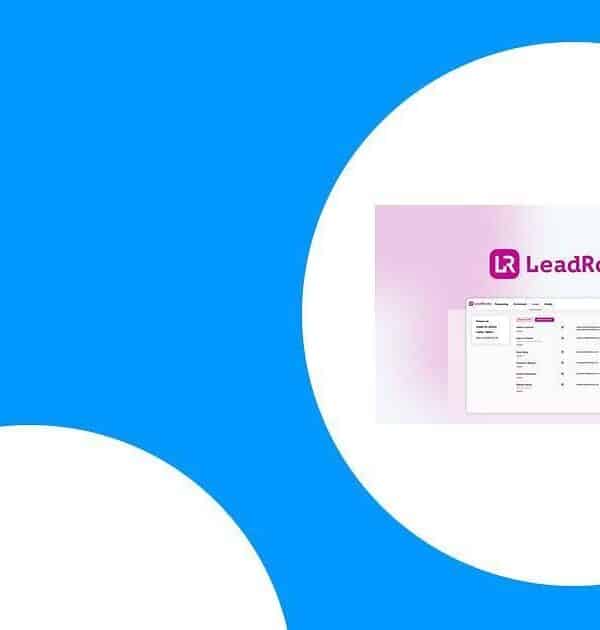 LeadRocks interface with a table is displayed within a white circle on a blue background.