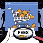 Illustration of a magnifying glass over the word "FEES" on a receipt, with a shopping cart filled with coins and stylized human figures in the background.